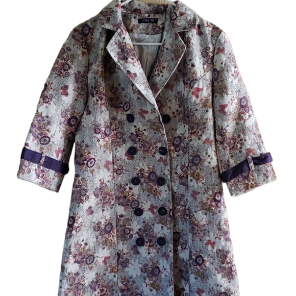 Miss 'De Floral Pea Coat. Trench Coat. Purple Floral. Size Medium. - Picture 12 of 12